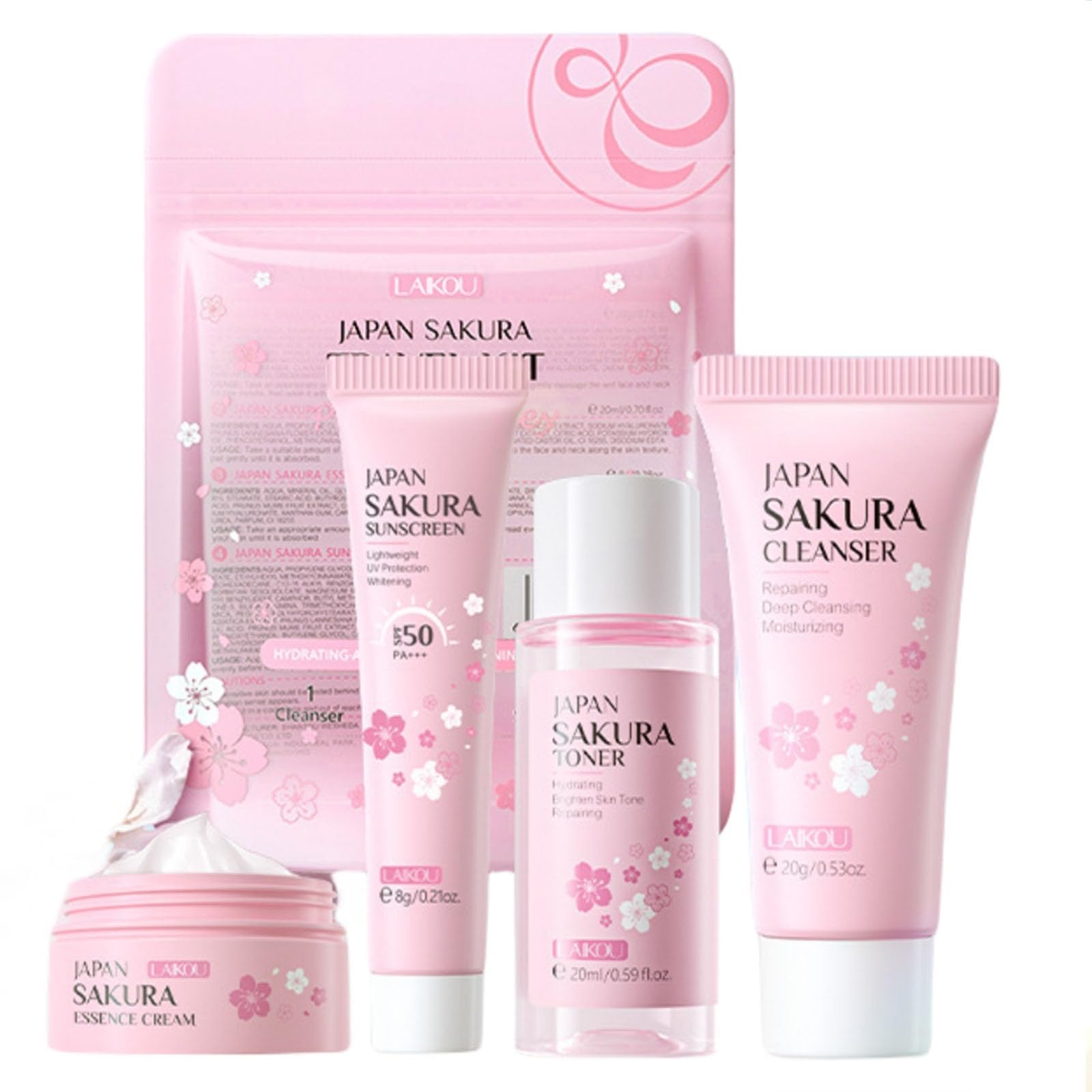 Sakura Travel Skincare Set for Teenage Girls - Face Routine Set for Women4 Piece Gentle Skin Cleaning & Care Travel Size Kit With Cleanser Toner sunscreen and Face Cream
